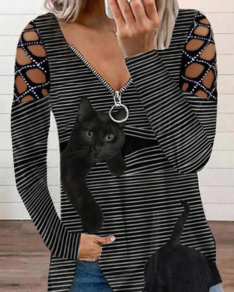 striped cat print rhinestone hollow out sleeve zip front top
