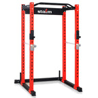 STOZM 3 In. X 3 In. Multi-Functional Squatting Rack/Power Rack Supports 1600Lbs (Red/Black), PackaIncludes A Pull-Up Bar, J Hooks &amp; Safety Bar Catches
