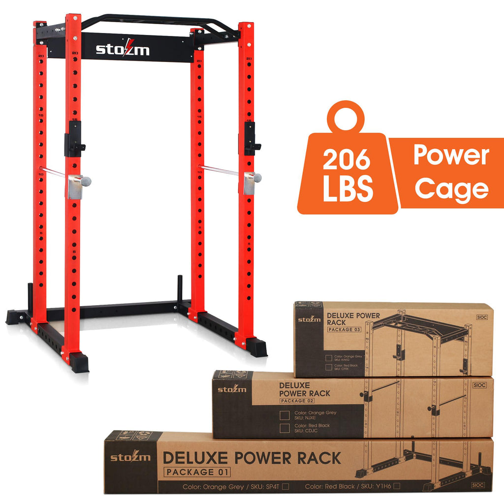 STOZM 3 In. X 3 In. Multi-Functional Squatting Rack/Power Rack Supports 1600Lbs (Red/Black), PackaIncludes A Pull-Up Bar, J Hooks &amp; Safety Bar Catches