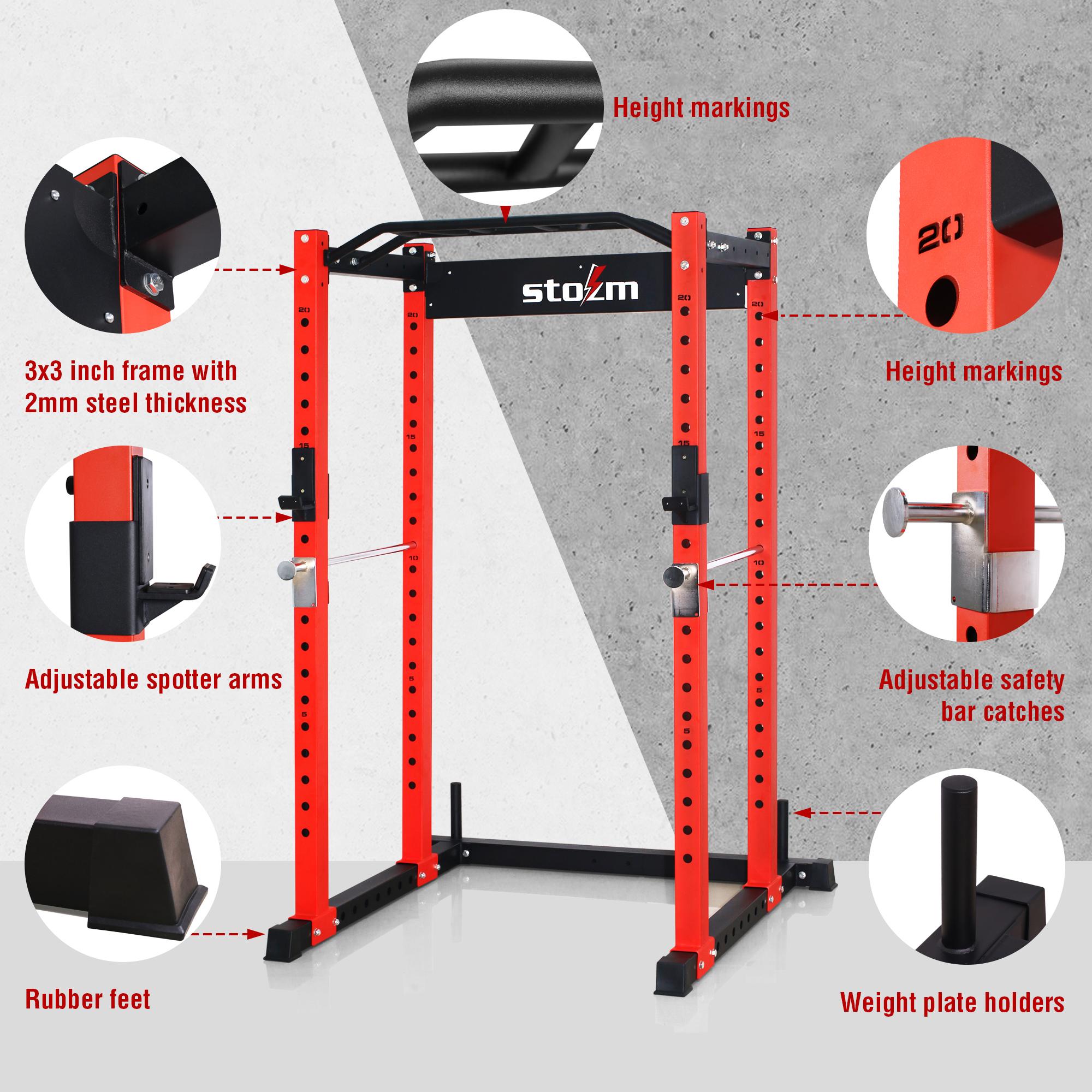 STOZM 3 In. X 3 In. Multi-Functional Squatting Rack/Power Rack Supports 1600Lbs (Red/Black), PackaIncludes A Pull-Up Bar, J Hooks &amp; Safety Bar Catches