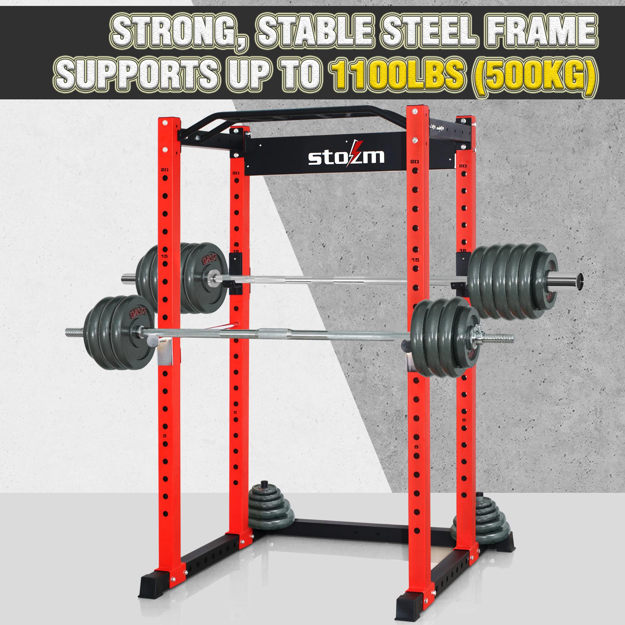 STOZM 3 In. X 3 In. Multi-Functional Squatting Rack/Power Rack Supports 1600Lbs (Red/Black), PackaIncludes A Pull-Up Bar, J Hooks &amp; Safety Bar Catches