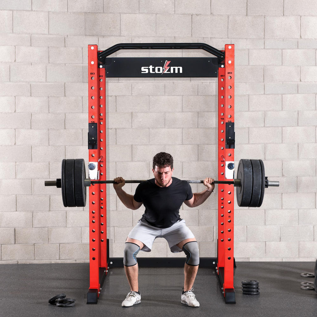 STOZM 3 In. X 3 In. Multi-Functional Squatting Rack/Power Rack Supports 1600Lbs (Red/Black), PackaIncludes A Pull-Up Bar, J Hooks &amp; Safety Bar Catches