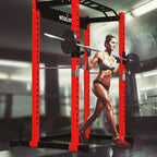 STOZM 3 In. X 3 In. Multi-Functional Squatting Rack/Power Rack Supports 1600Lbs (Red/Black), PackaIncludes A Pull-Up Bar, J Hooks &amp; Safety Bar Catches