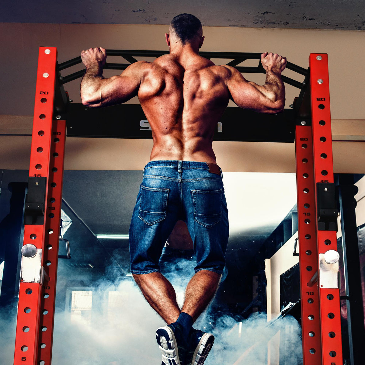 STOZM 3 In. X 3 In. Multi-Functional Squatting Rack/Power Rack Supports 1600Lbs (Red/Black), PackaIncludes A Pull-Up Bar, J Hooks &amp; Safety Bar Catches