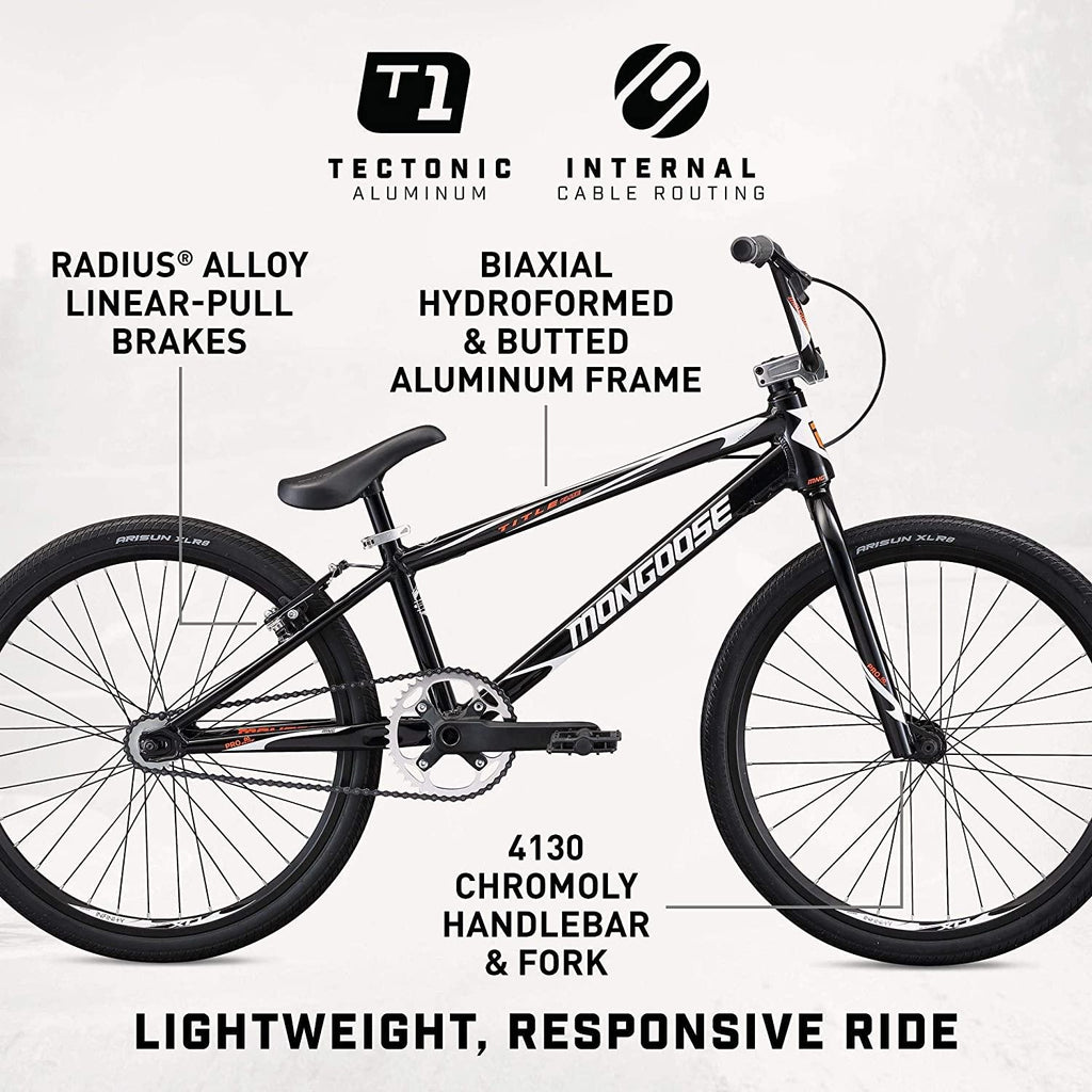 Mongoose Title Elite 24 BMX Race Bike with 24-Inch Wheels in Black for Advanced and Returning Riders, Featuring Professional-Grade 6061 Tectonic T1 Biaxial Hydroformed and Butted Aluminum Frame