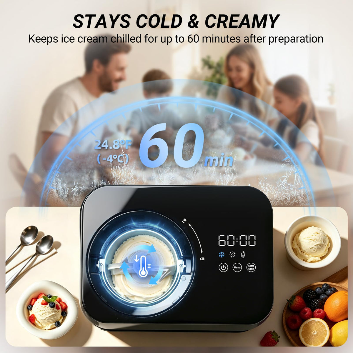 Ice Cream Maker Automatic 1.7 Pt, No Pre-Freezing,-In Compressor, Digital Display & Timer,3 Presets, Makes ice cream, Gelato, Perfect for home & party, IM001