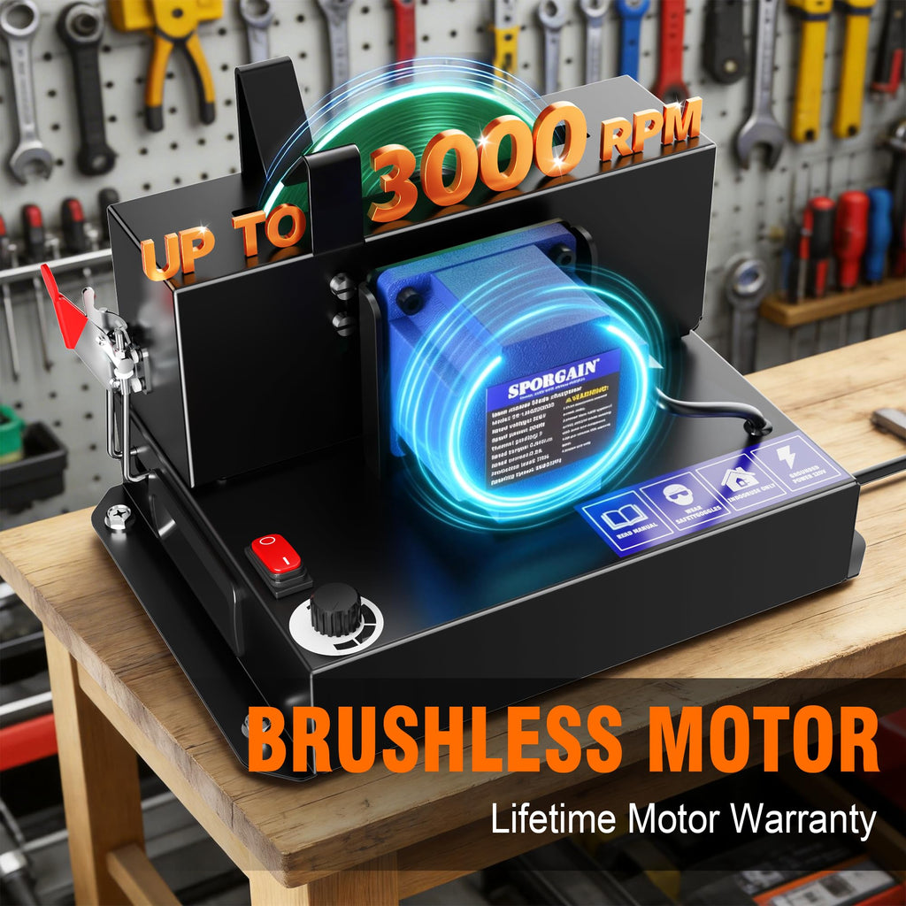 Lawn Mower Blade Sharpener, Brushless Motor 3000RPM Lawnmower Blade Sharpener Tool with Lifetime Motor Warranty, 7"Ceramic Wheel with 20 Sanding Discs for High/Low Lift,Gator&amp;Flat Blade 10pcs