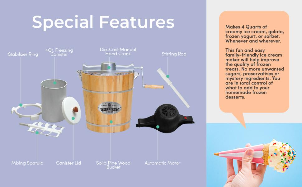 EIM402 Old Fashioned 4 Quart  Bucket Electric Ice Cream Maker Machine, Bonus Classic Die-Cast Hand Crank for Churning, Uses Ice and Rock Salt Churns Ice Cream in Minutes