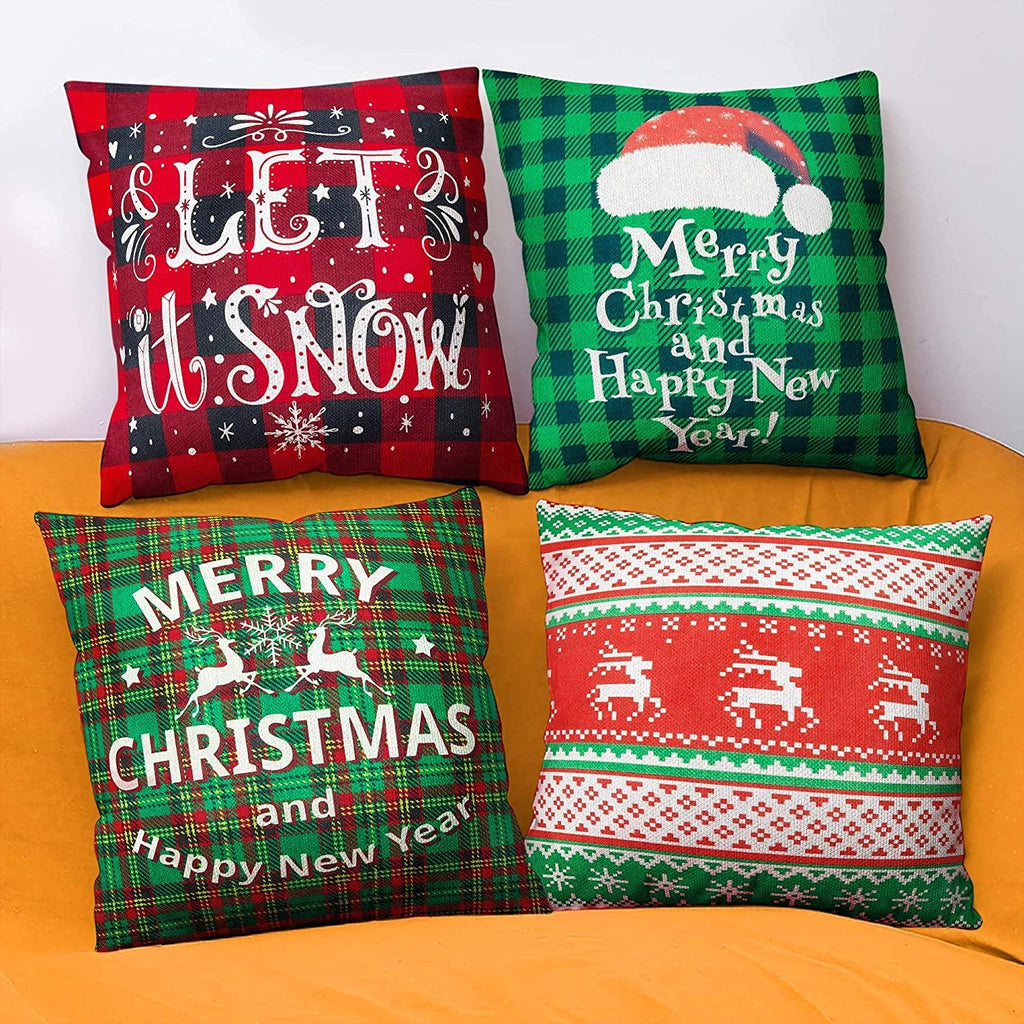 Christmas Pillowcase 18×18 inch Set of 4 Pillowcases red and Green Holiday Sofa Linen Pillowcase Christmas Series Decorations Cushion Cover Hugging Pillowcase Invisible Zipper Square Pillowcase
