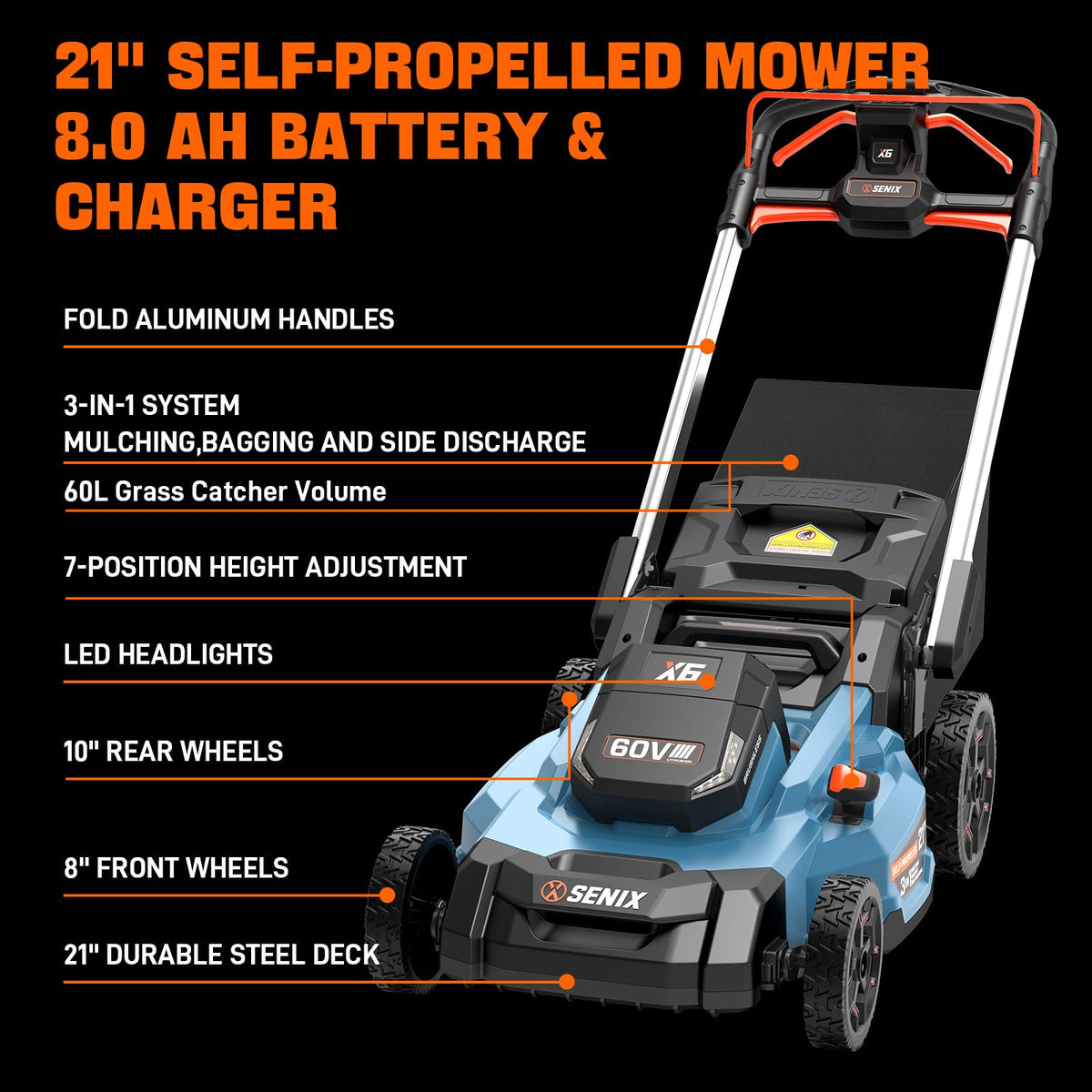 X6 60V Max 21" Self-Propelled Mower, 3-in-1 w/ 8Ah Battery &amp; Charger, Smart Display, 7-Level Adj. (Note: Battery &amp; Mower Shipped Separately)