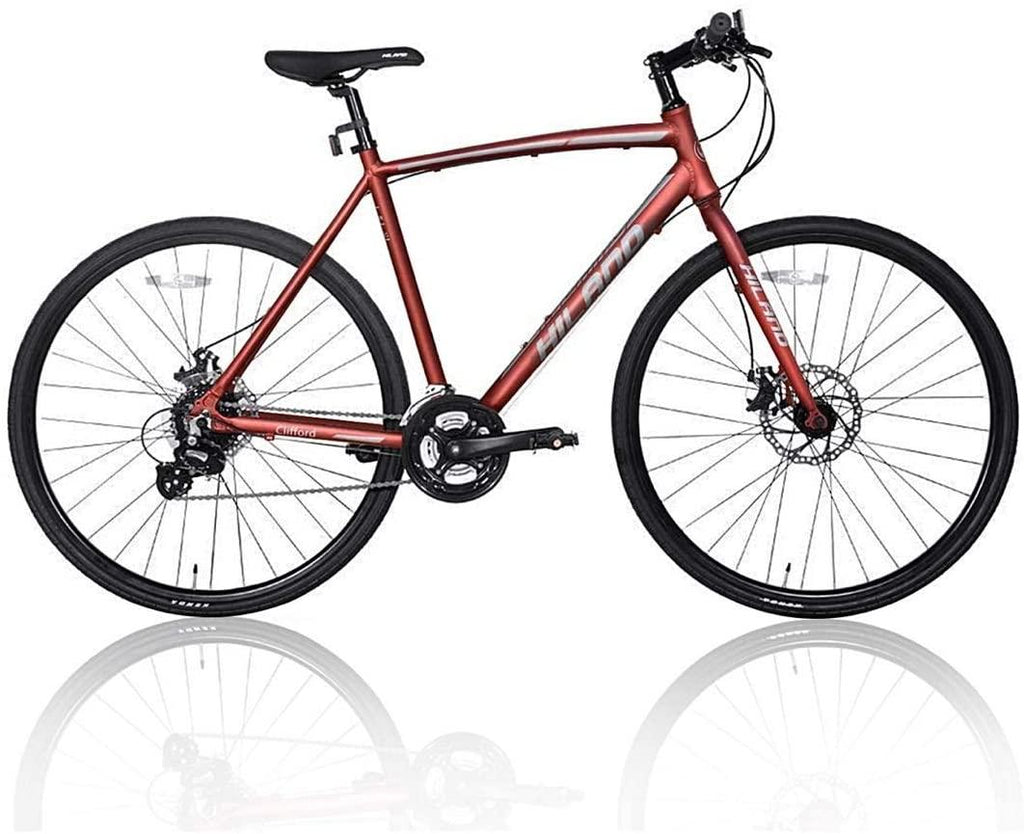 Hiland Road Hybrid Bike Urban City Commuter Bicycle with Disc Brake for Men Comfortable Bicycle 700C Wheels 24 speeds Bikes Red