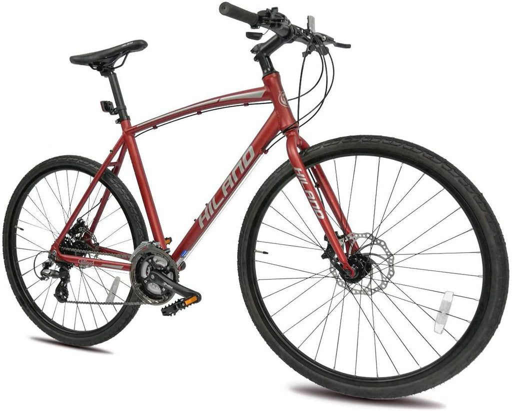 Hiland Road Hybrid Bike Urban City Commuter Bicycle with Disc Brake for Men Comfortable Bicycle 700C Wheels 24 speeds Bikes Red