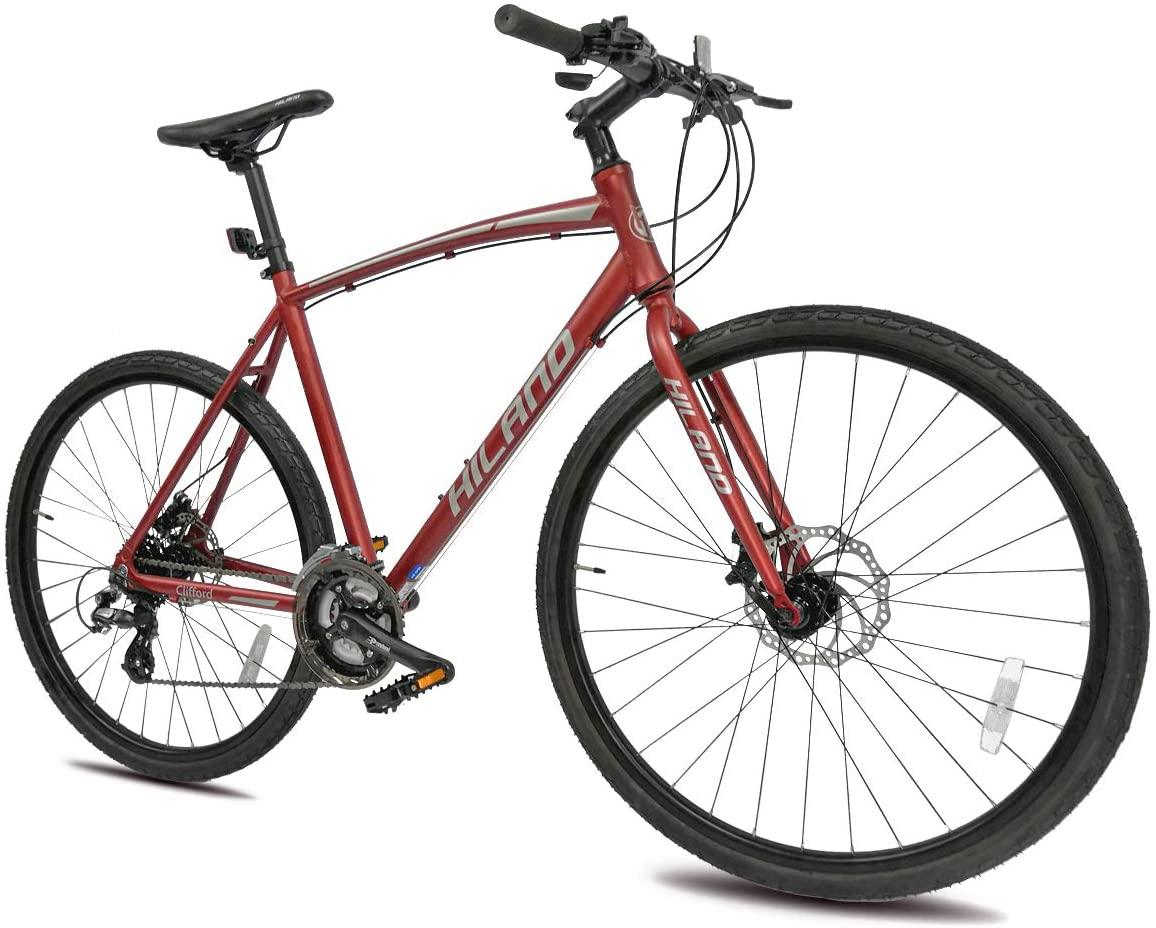 Hiland Road Hybrid Bike Urban City Commuter Bicycle with Disc Brake for Men Comfortable Bicycle 700C Wheels 24 speeds Bikes Red