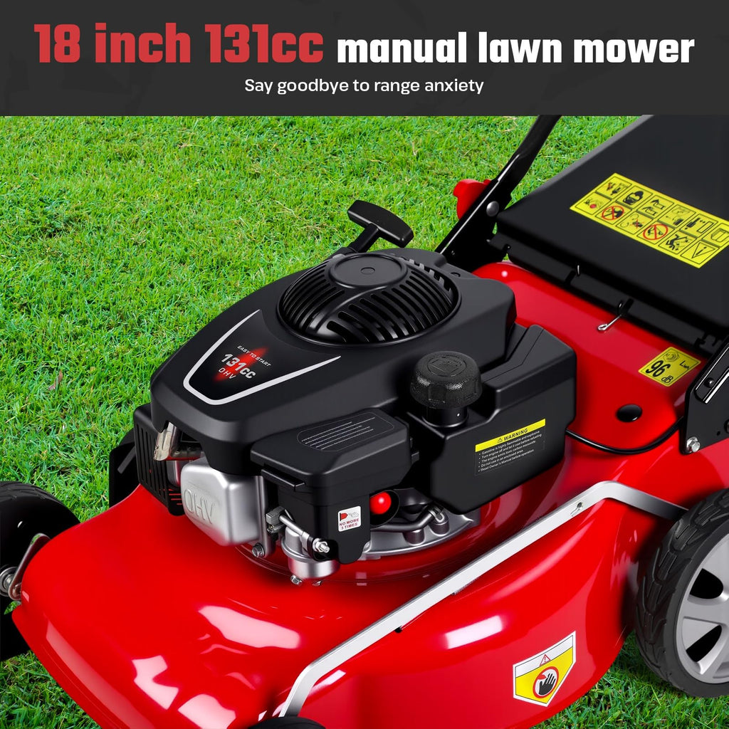 131cc Foldable Gas Lawn Mower, Self-Propelled Rear-Wheel Drive, 18 Inch Cutting Width, 50L Grass Bag, 3-in-1 Mulching/Side Discharge/Rear-Bagging, Lightweight Push-Button Start Mower