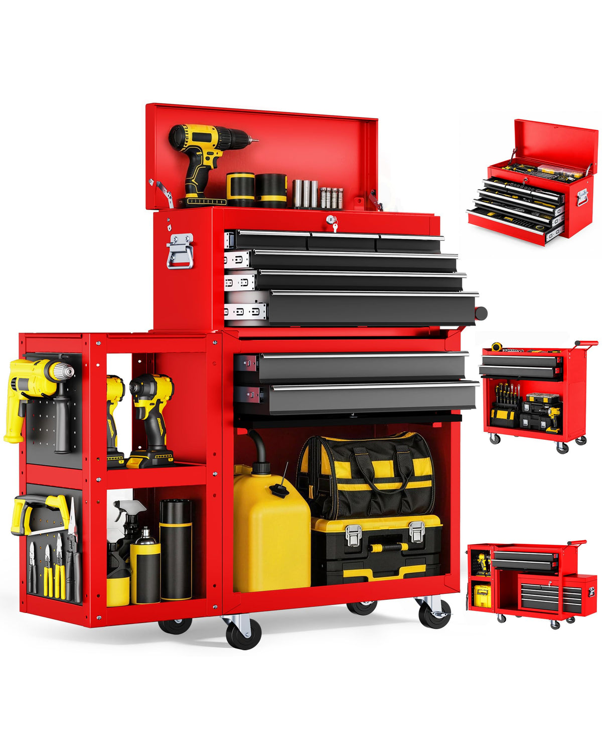 8-Drawer Rolling Tool Chest, Assembled Metal Tool StoraCabinet with Wheels, LocSliding Drawers & Detachable Top Box, for GaraWorkshop Repair Room Warehouse, Red