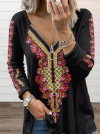 Casual Zipper Retro Printed Long-sleeved T-shirt