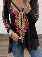 Casual Zipper Retro Printed Long-sleeved T-shirt