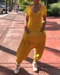 solid v-neck pocket design jumpsuit