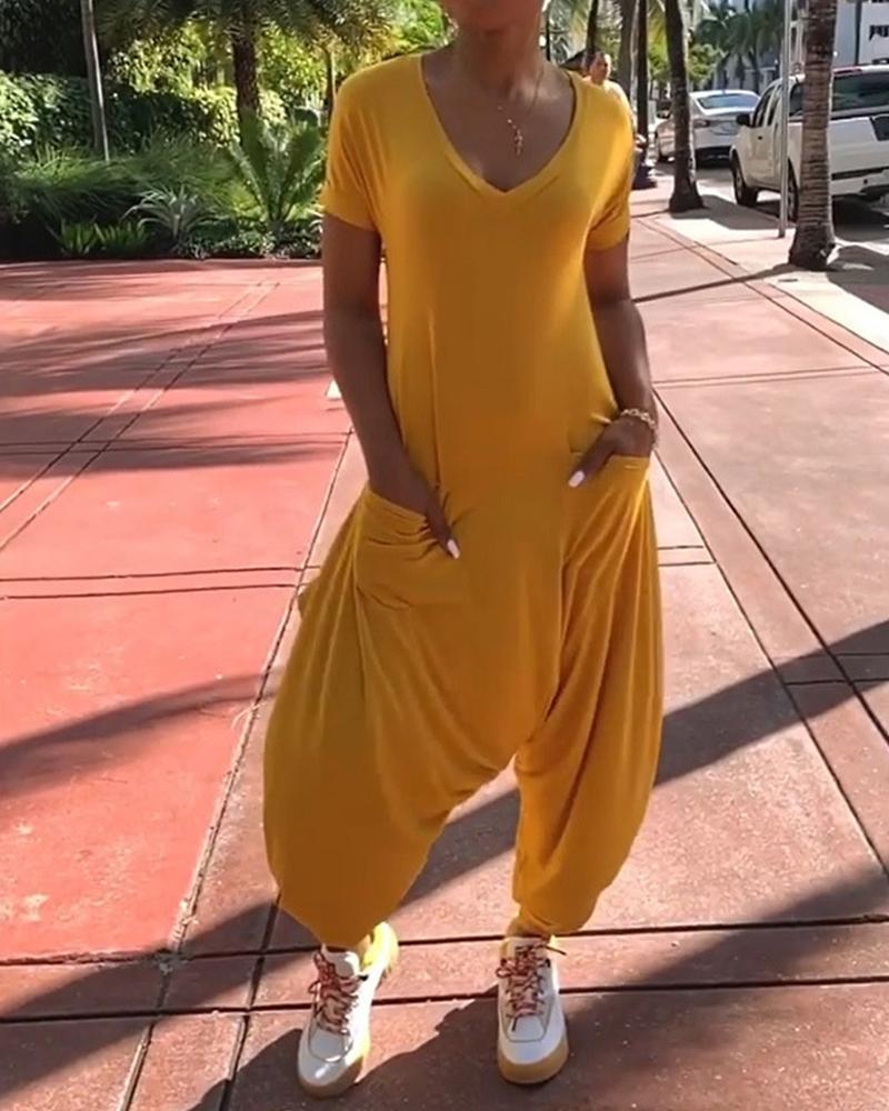 solid v-neck pocket design jumpsuit