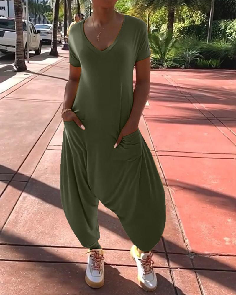 solid v-neck pocket design jumpsuit