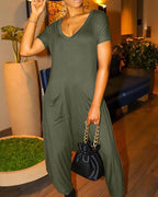 solid v-neck pocket design jumpsuit
