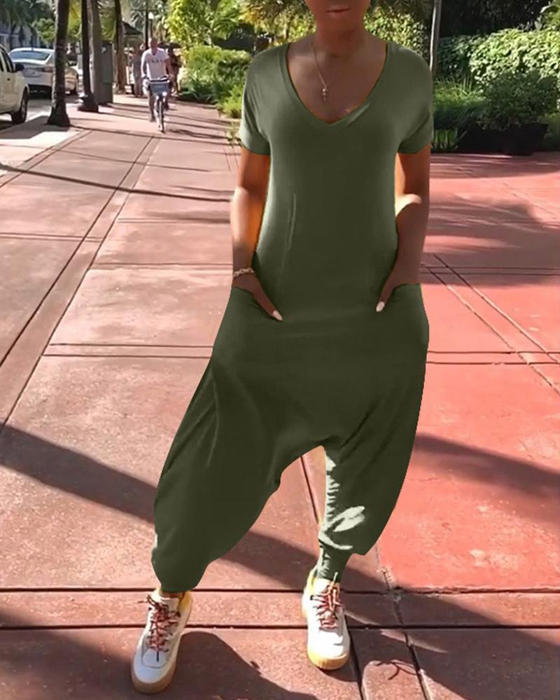 solid v-neck pocket design jumpsuit