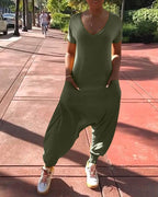 solid v-neck pocket design jumpsuit