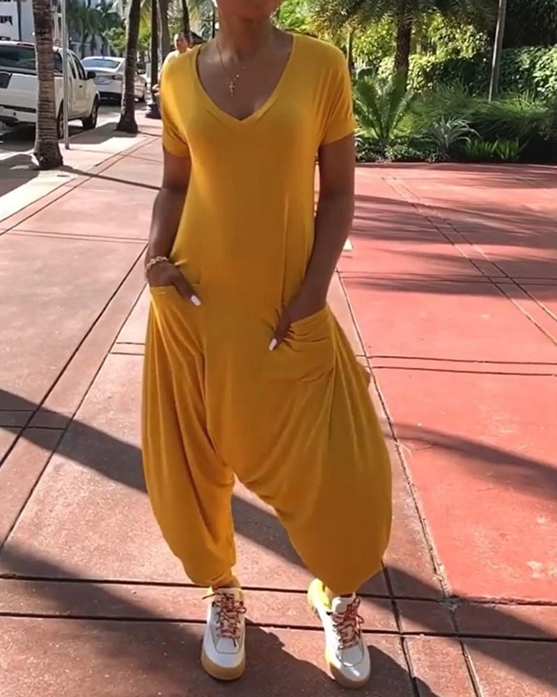 solid v-neck pocket design jumpsuit