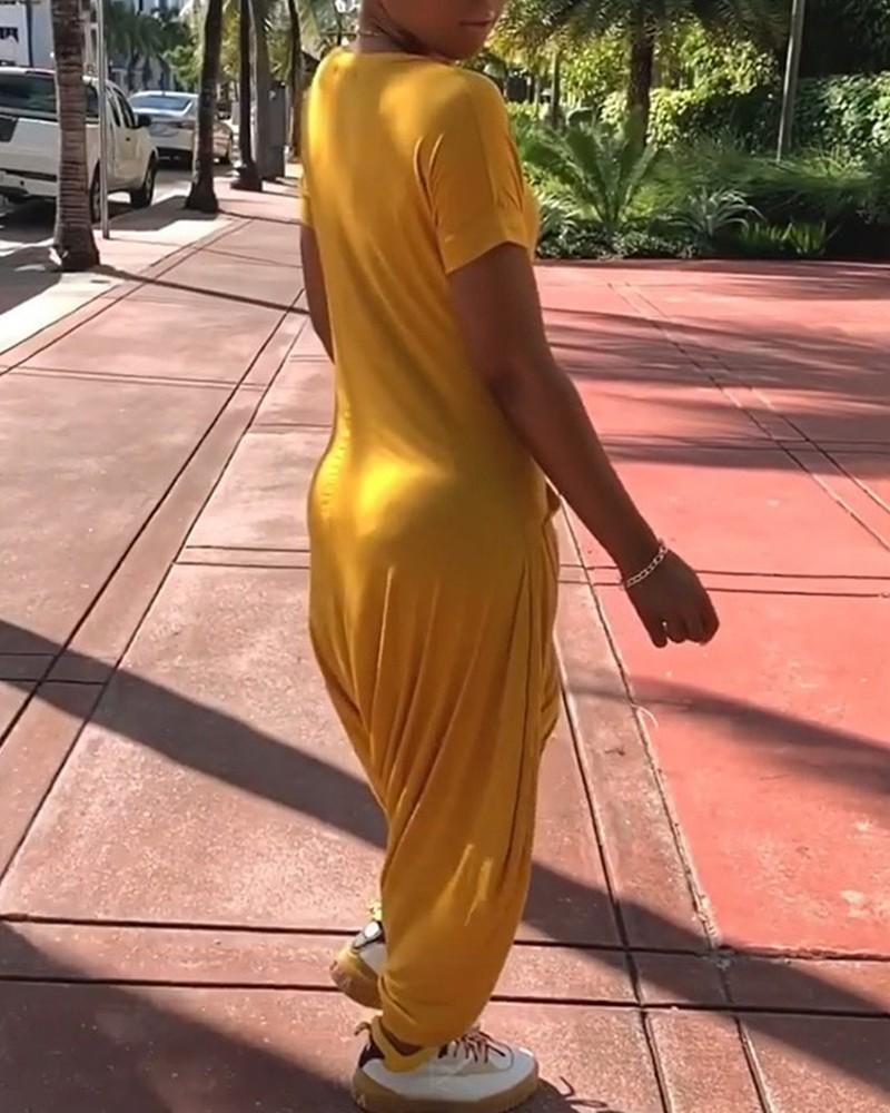 solid v-neck pocket design jumpsuit