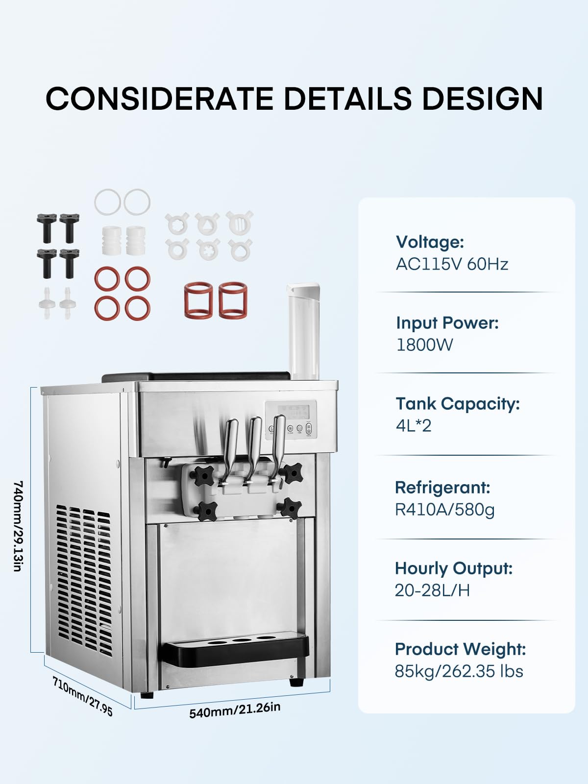 Commercial Ice Cream Machine 5.3-7.4 Gal/H, 3 Flavors Countertop Soft Serve Ice Cream Machine with 8L Hopper, Auto Clean Ice Cream Maker With Pre-Cooling for Snack Restaurants Bars, 1800W