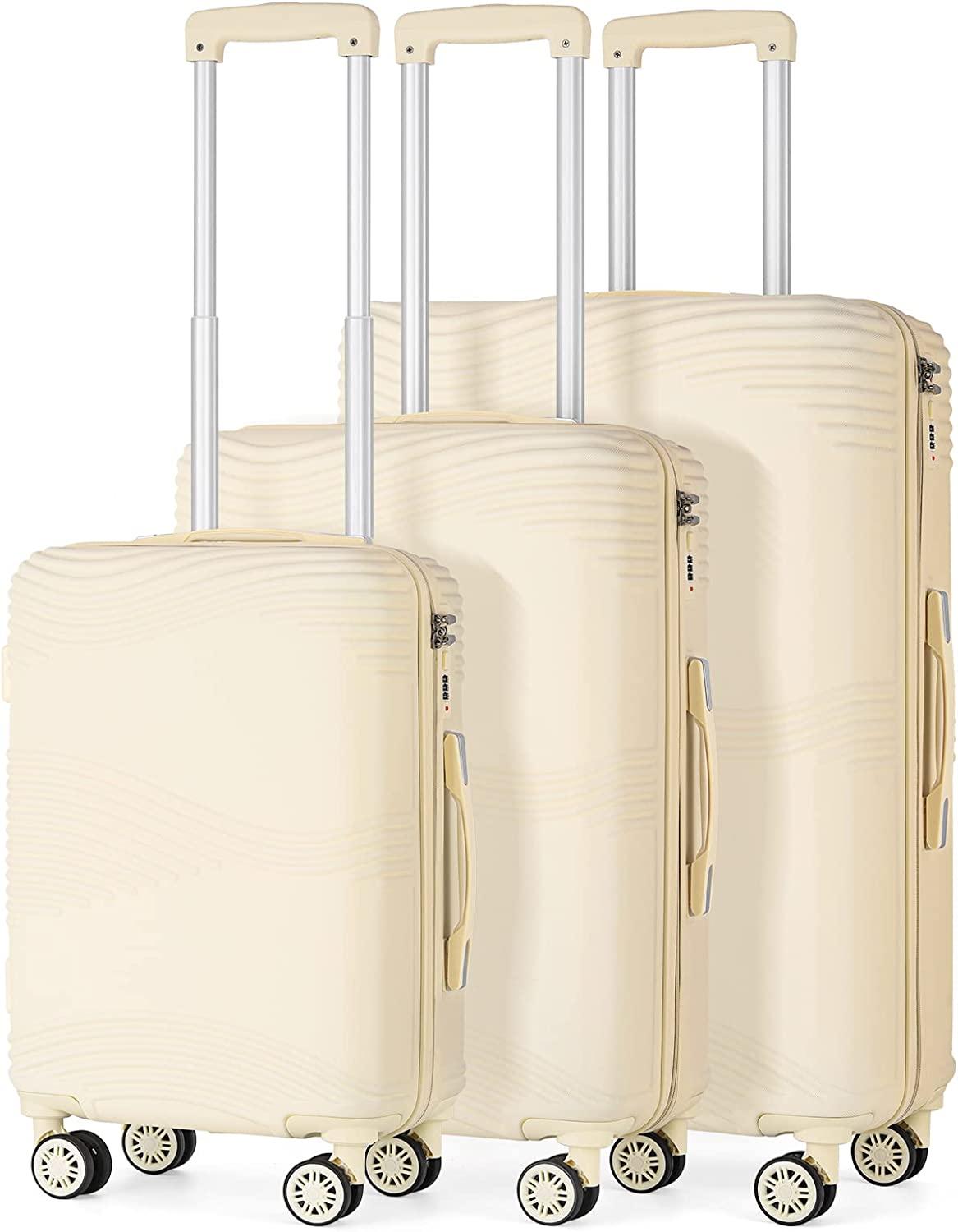Luggage 3 Piece Sets ABS Spinner Suitcase with 3-Digit Combination Lock 20 inches 24 inches 28 inches, BEIGE