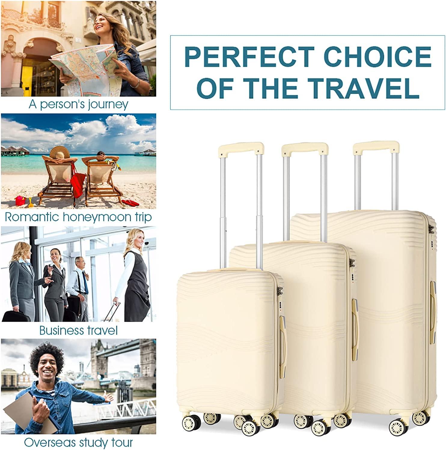 Luggage 3 Piece Sets ABS Spinner Suitcase with 3-Digit Combination Lock 20 inches 24 inches 28 inches, BEIGE