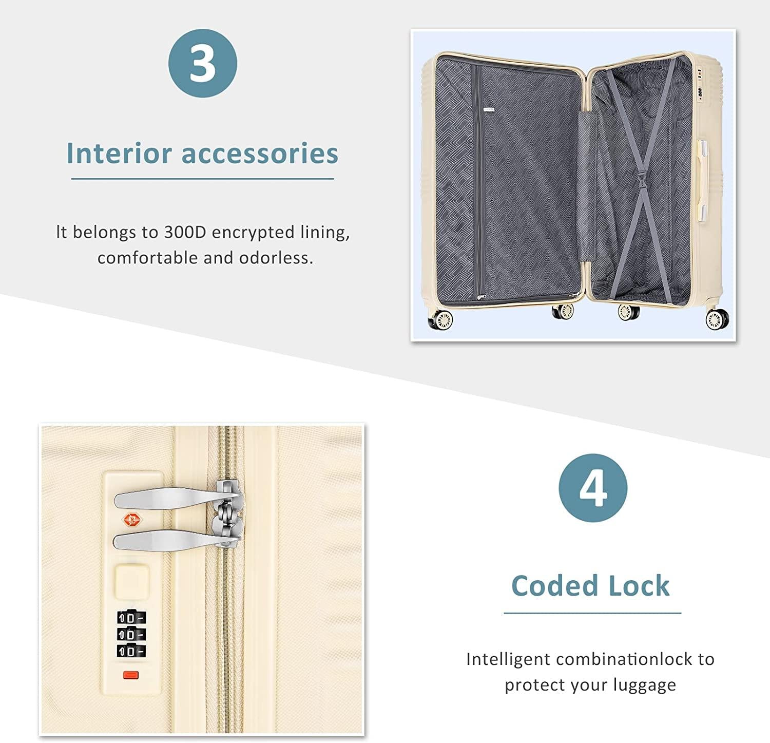 Luggage 3 Piece Sets ABS Spinner Suitcase with 3-Digit Combination Lock 20 inches 24 inches 28 inches, BEIGE