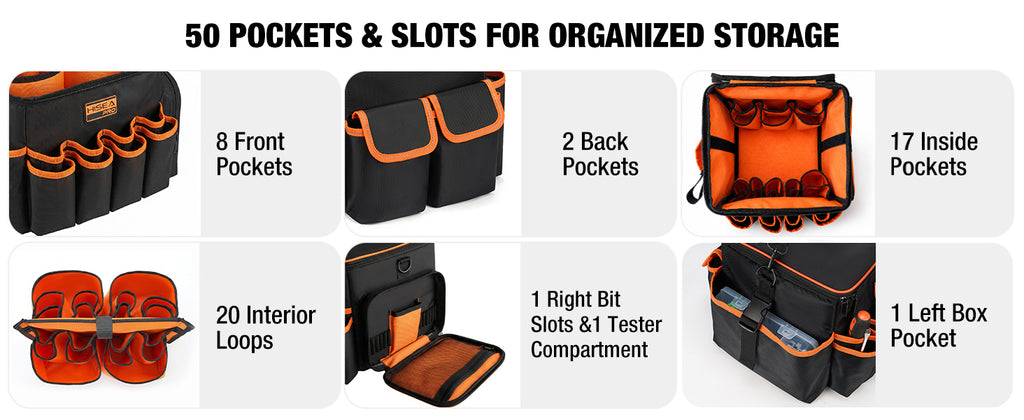 10-Inch Tool Bag Organizer with 50 Pockets, 1680D Waterproof Tool Box | with Screw StoraBox, -in Bottom Support, Shoulder Strap, Durable Oxford, Tool Storafor Mechanic, Electrician