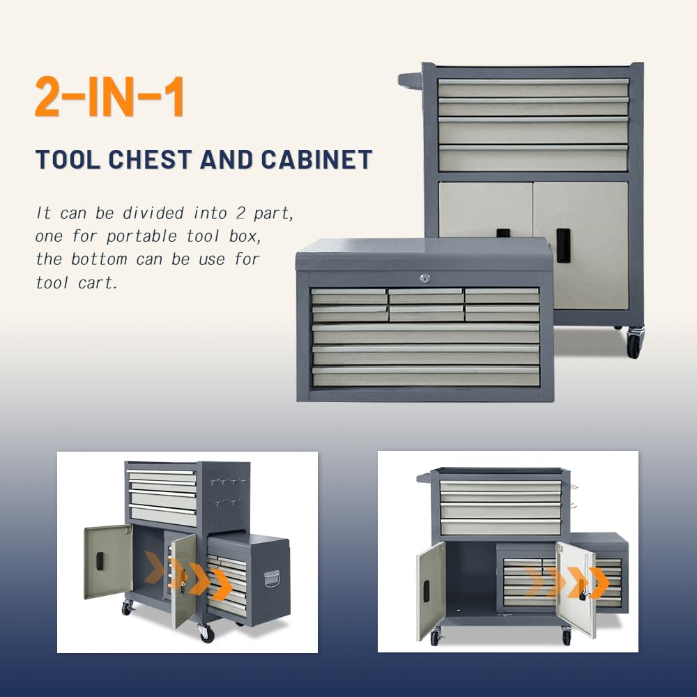 13-Drawer Double Door Rolling Tool Chest, 2 in 1 Detachable Tool Chest,Tool Box with Drawers and Wheels, LarTool Cabinet with Lock, Metal Standing Toolbox for GaraWorkshop-Gray&White