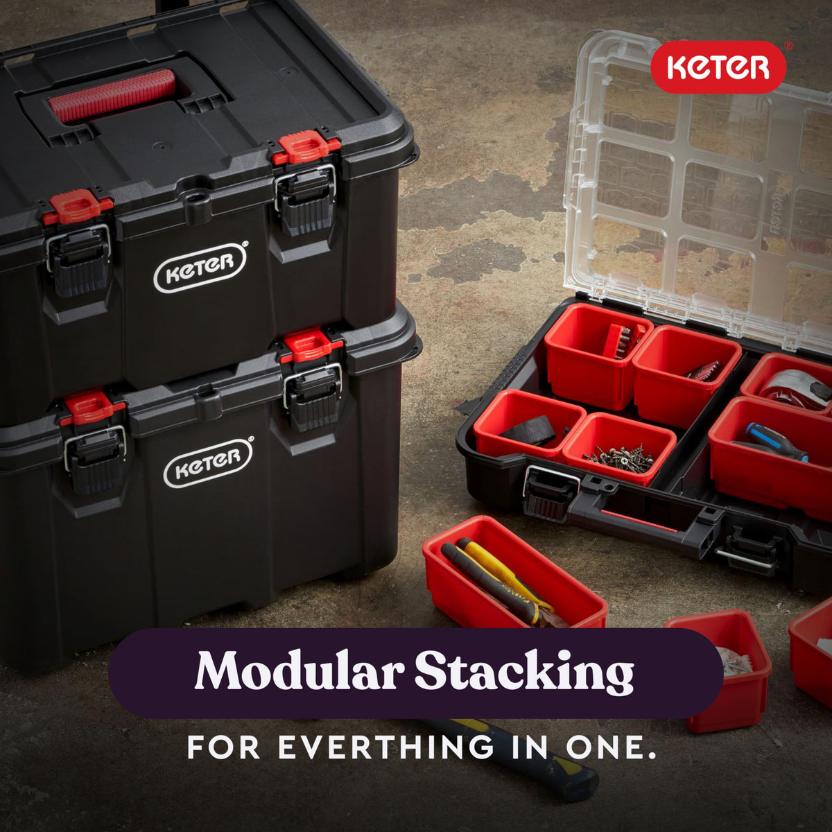 Stack-n-Roll Modular Tools Organizer for GaraStoraand DIY, 3 Piece Resin Rolling Tool Box System for Small Parts, Black