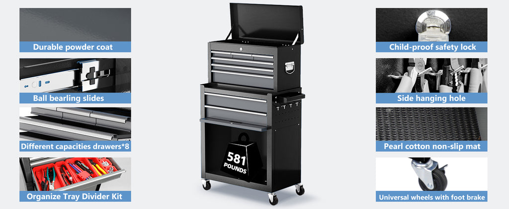 8-Drawer Tool Chest with Wheels,42'' Rolling Tool Chest Heavy Duty,Detachable Top Tool Box,Tool Cabinet with Hooks,Liners,Tray Divider,Rolling Tool Box for GaraStorage, Workshop,Warehouse,Black