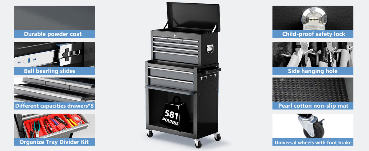 8-Drawer Tool Chest with Wheels,42'' Rolling Tool Chest Heavy Duty,Detachable Top Tool Box,Tool Cabinet with Hooks,Liners,Tray Divider,Rolling Tool Box for GaraStorage, Workshop,Warehouse,Black