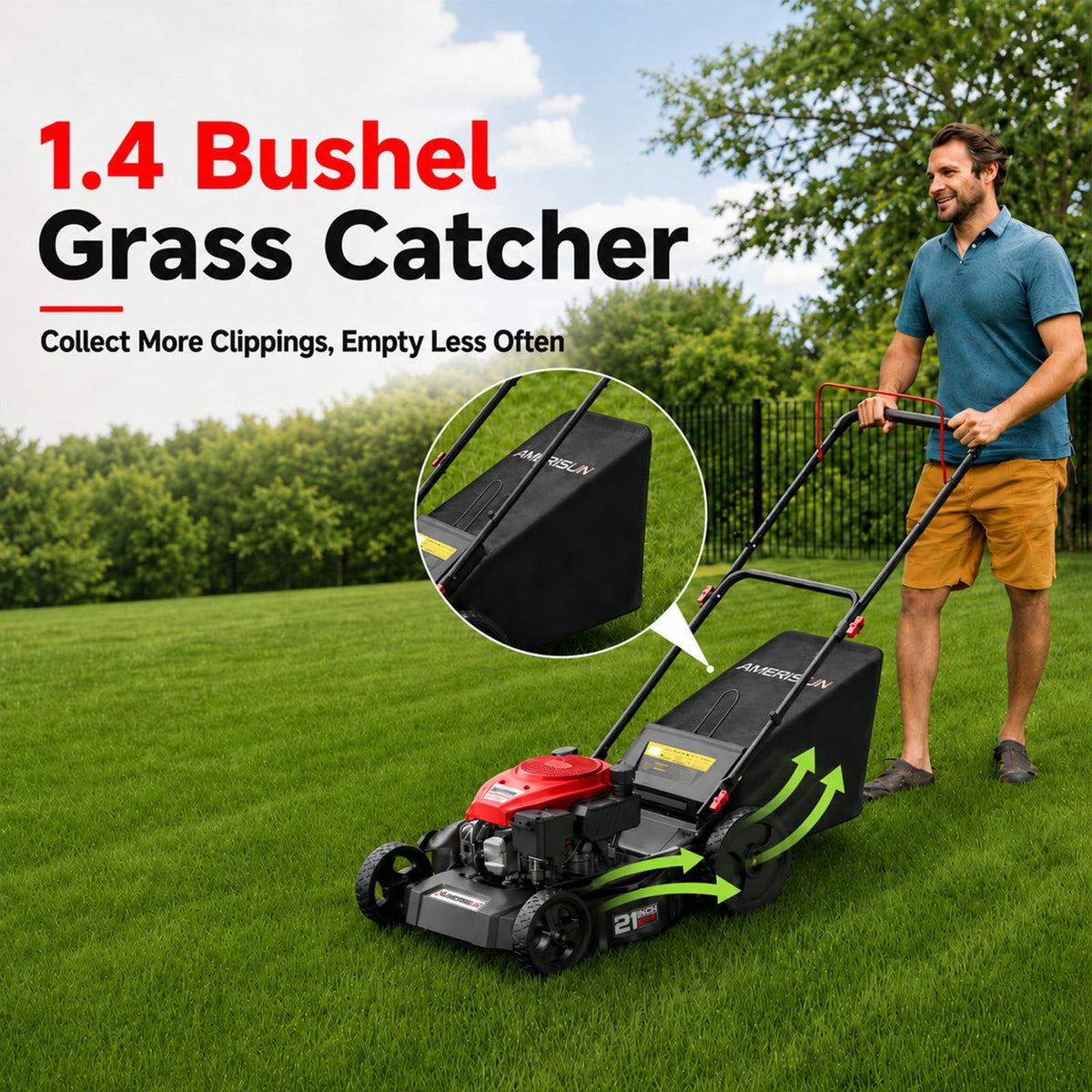 21-Inch Gas Push Lawn Mower, 144cc 4-Stroke Engine, 6-Position Adjustable Cutting Height, 3-in-1 Mulching, Side Dischar&amp; Rear Bag for Garden Landscaping