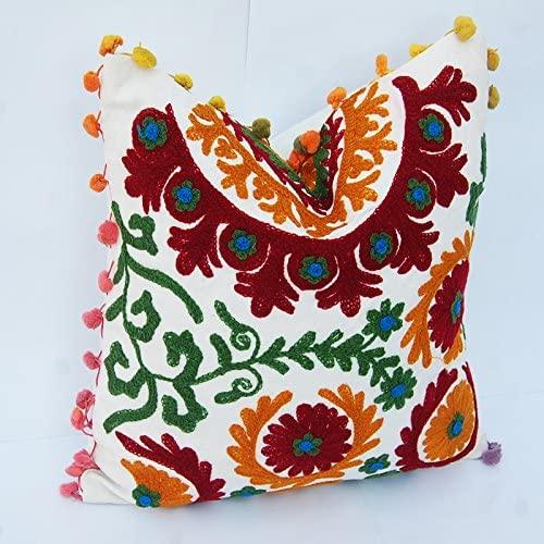 Suzani Cushion Cover 16x16, Embroidered Decorative Throw Pillow Case, Indian Outdoor Cushions, Pom Pom Boho Pillow Shams (50)