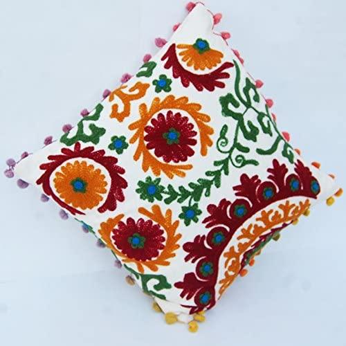 Suzani Cushion Cover 16x16, Embroidery Decorative Throw Pillow Case, Indian Bohemian Hippie Outdoor Cushions, Pom Pom Boho Pillow Shams (20)