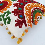 Suzani Cushion Cover 16x16, Embroidered Decorative Throw Pillow Case, Indian Outdoor Cushions, Pom Pom Boho Pillow Shams (50)