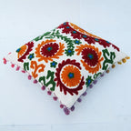 Suzani Cushion Cover 16x16, Embroidery Decorative Throw Pillow Case, Indian Bohemian Hippie Outdoor Cushions, Pom Pom Boho Pillow Shams (50)