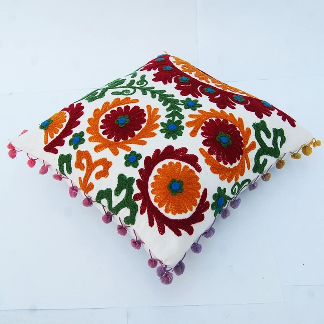 Suzani Cushion Cover 16x16, Embroidery Decorative Throw Pillow Case, Indian Bohemian Hippie Outdoor Cushions, Pom Pom Boho Pillow Shams (50)