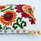 Suzani Cushion Cover 16x16, Embroidered Decorative Throw Pillow Case, Indian Outdoor Cushions, Pom Pom Boho Pillow Shams (50)