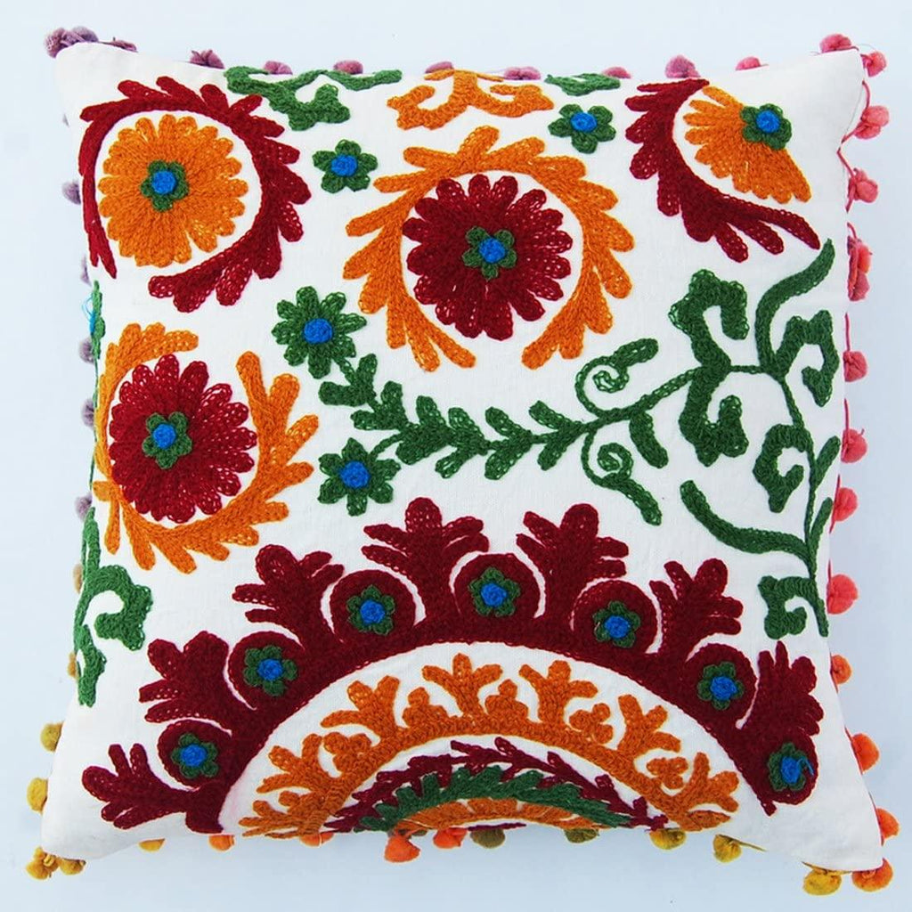 Suzani Cushion Cover 16x16, Embroidered Decorative Throw Pillow Case, Indian Outdoor Cushions, Pom Pom Boho Pillow Shams (50)