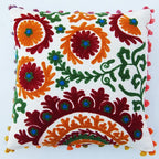 Suzani Cushion Cover 16x16, Embroidery Decorative Throw Pillow Case, Indian Bohemian Hippie Outdoor Cushions, Pom Pom Boho Pillow Shams (20)