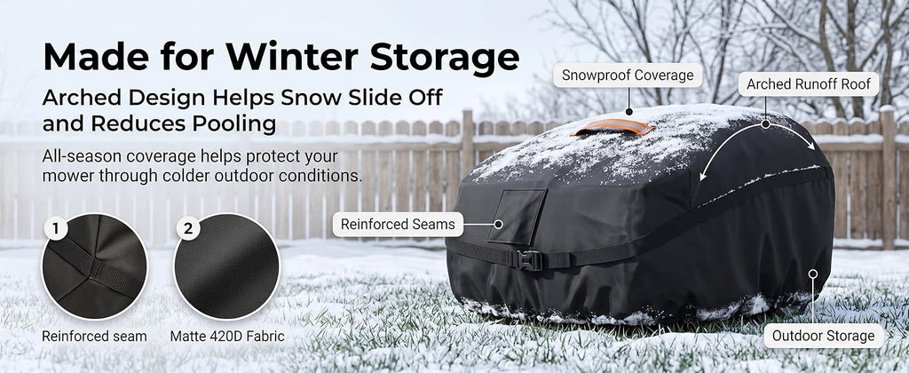 Robot Lawn Mower Cover Waterproof, 420D Outdoor Robotic Mower Cover, Black | 420D waterproof fabric, backyard robotic mower storafor rain snow dust sun, webbing strap,  buckle, elastic hem, vent