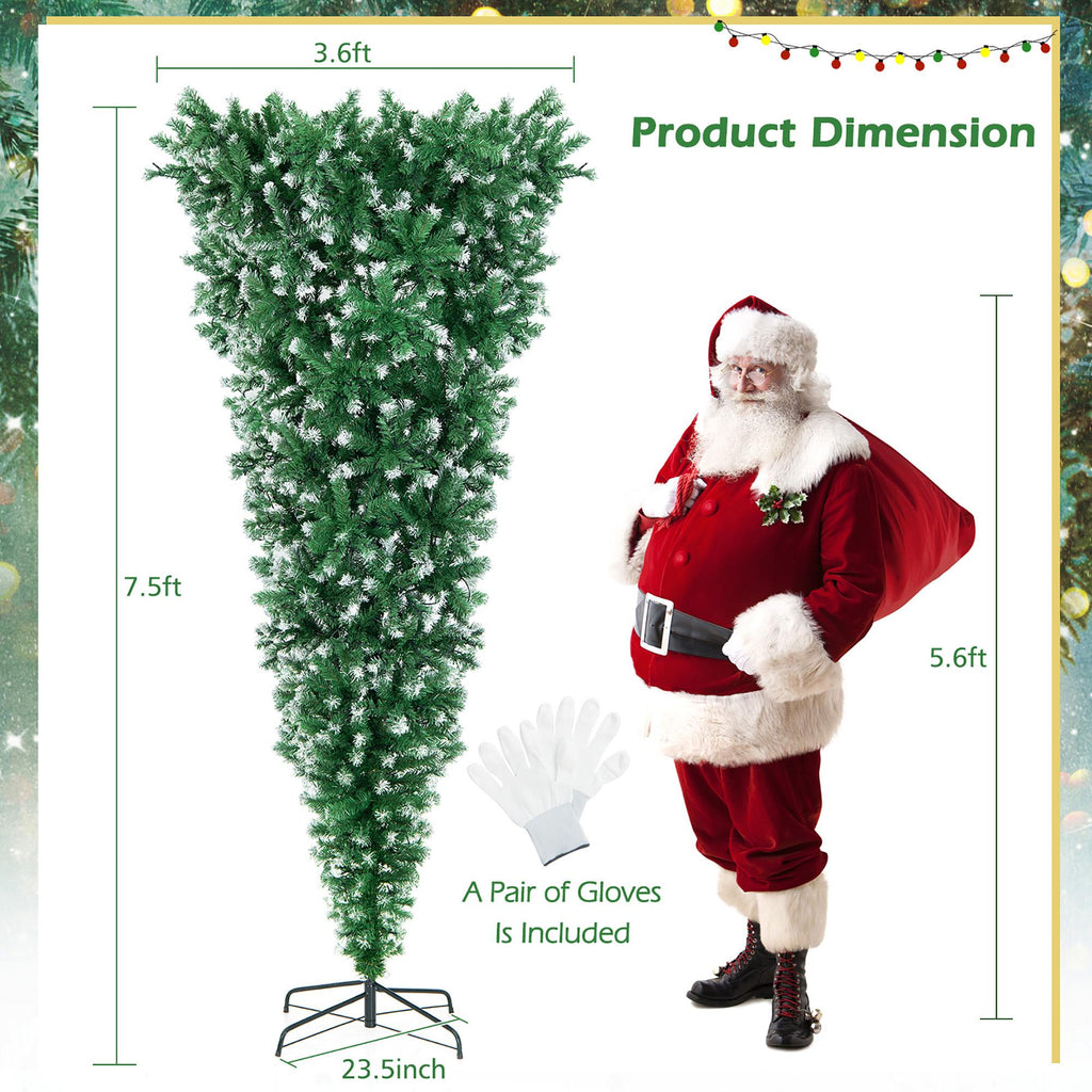 Gymax 7.5FT Pre-Lit Snowy Inverted Christmas Tree Artificial Tree w/ 400 LED Lights