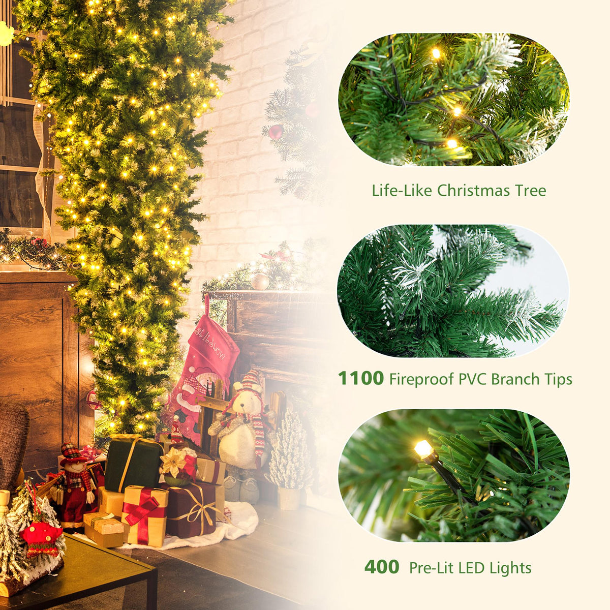 Gymax 7.5FT Pre-Lit Snowy Inverted Christmas Tree Artificial Tree w/ 400 LED Lights